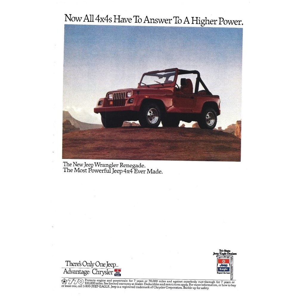 Jeep Wrangler Renegade 4 x 4 1990s Vintage Print Ad 8 inch Tall